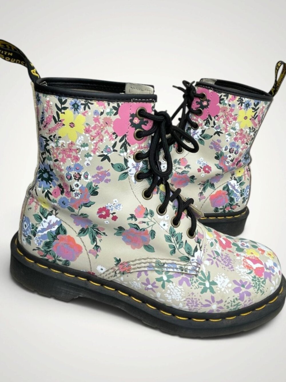 Dr Martens Floral Mash Up Combat Boots Beige Leather 1460 Pascal Women's 8